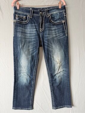 Miss Me Womens Distressed Boyfriend Capri Size 26 Medium Wash Denim Embellished